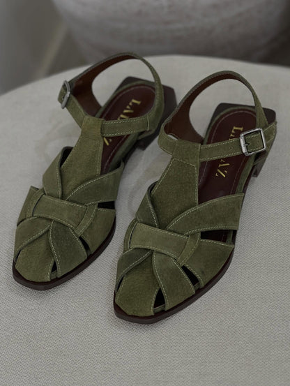 Olive Green Suede Sandals With Woven Design And Ankle Buckles