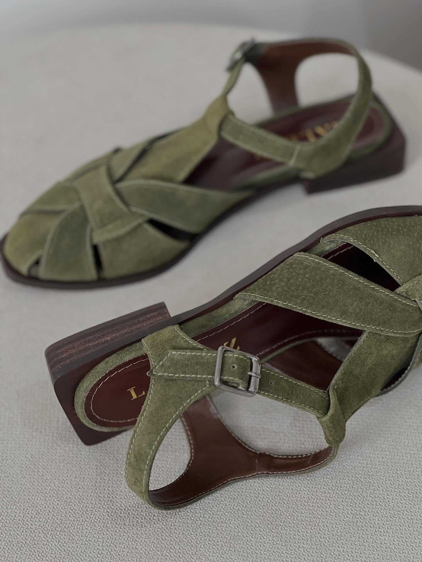 Olive Green Suede Sandals With Woven Design And Ankle Buckles