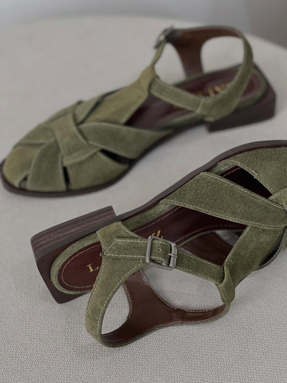 Olive Green Suede Sandals With Woven Design And Ankle Buckles
