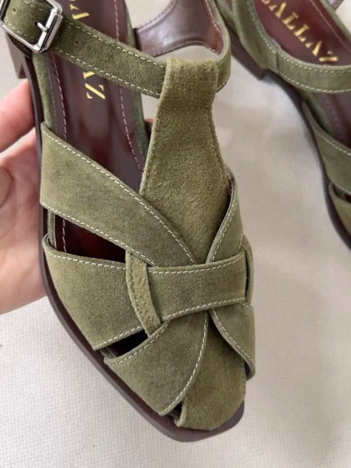 Olive Green Suede Sandals With Woven Design And Ankle Buckles