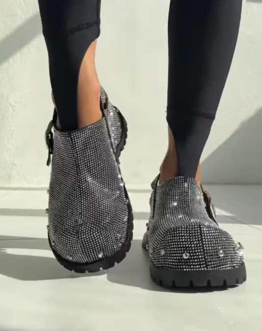 Silver Embellished Clogs With Buckle Strap And Chunky Sole