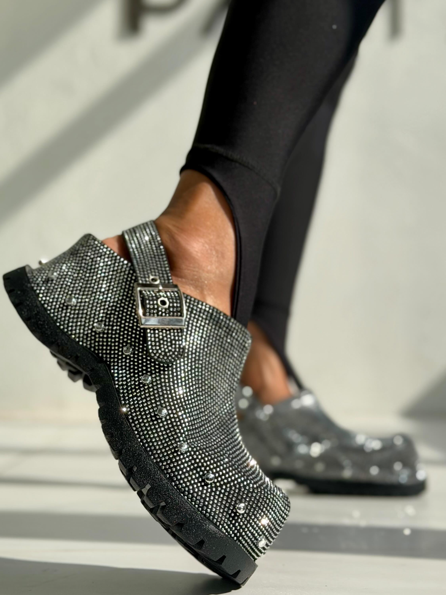 Silver Embellished Clogs With Buckle Strap And Chunky Sole