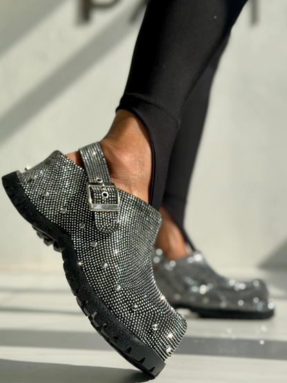 Silver Embellished Clogs With Buckle Strap And Chunky Sole
