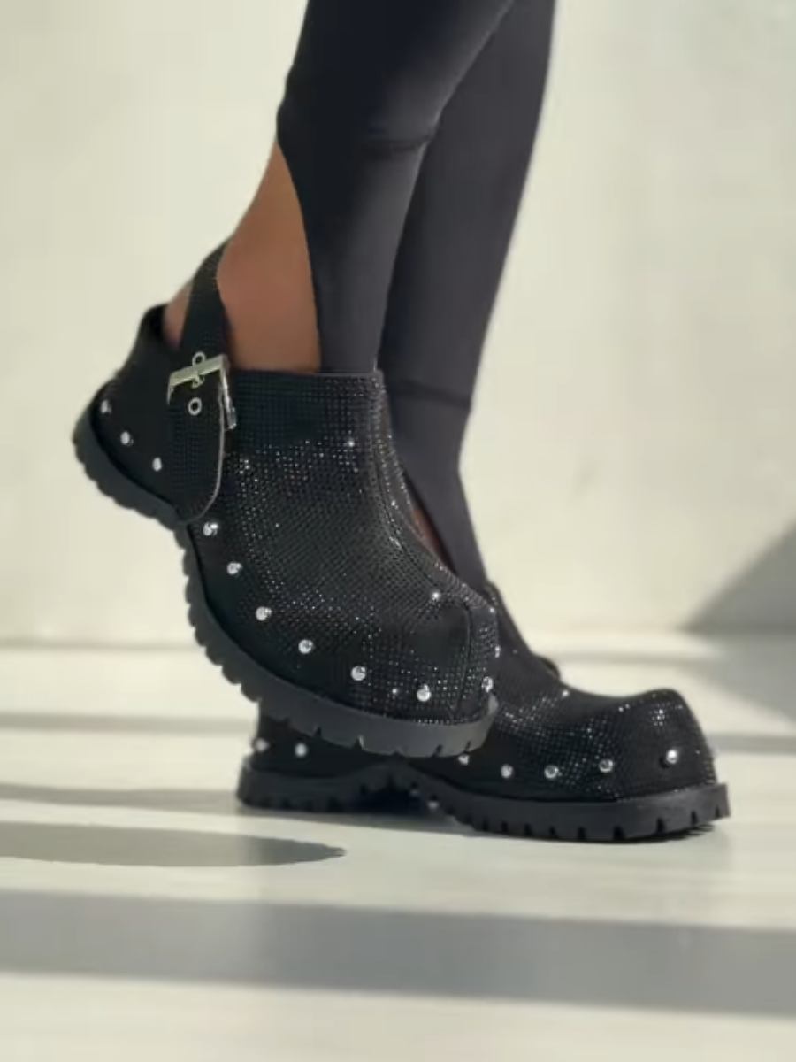 Silver Embellished Clogs With Buckle Strap And Chunky Sole