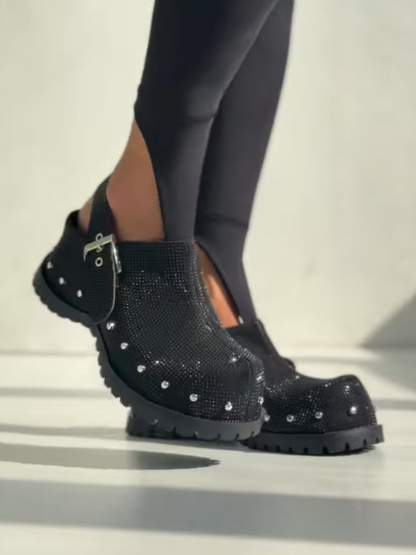 Silver Embellished Clogs With Buckle Strap And Chunky Sole