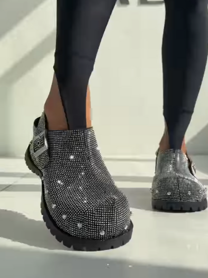 Silver Embellished Clogs With Buckle Strap And Chunky Sole