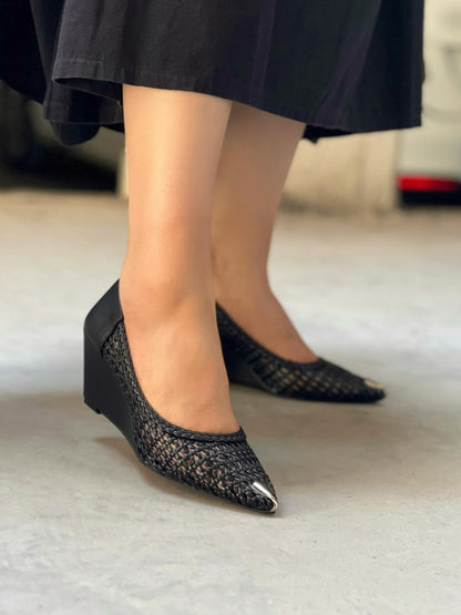 Mesh Wedge Heels With Silver Toe Caps