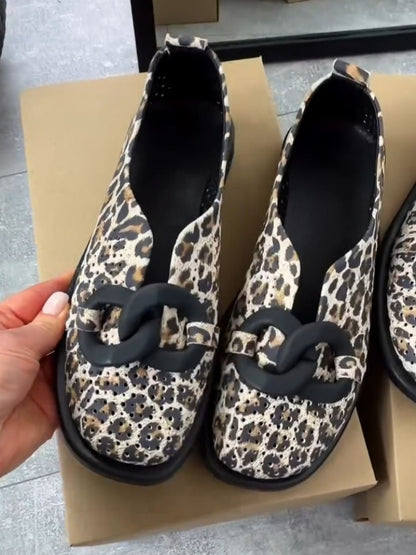 Leopard Print Flats With Interlocking Circle Accent