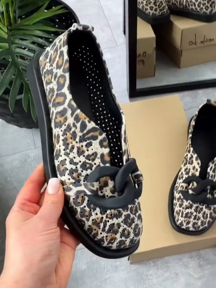 Leopard Print Flats With Interlocking Circle Accent