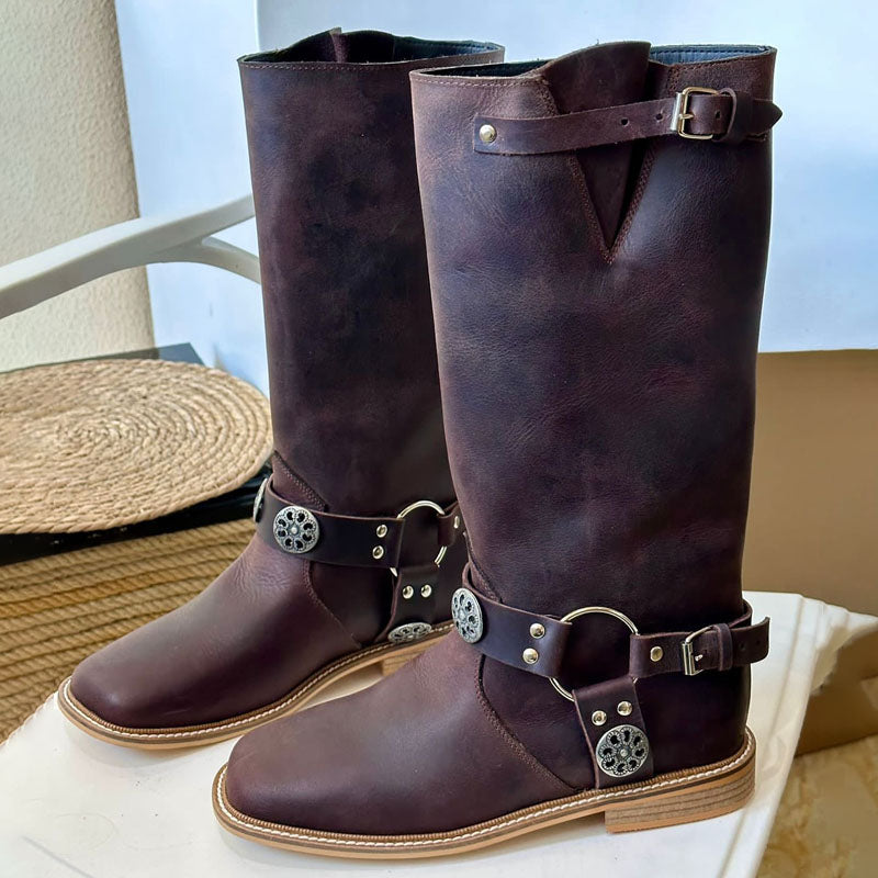 Square Toe Low Heel Buckle Boots