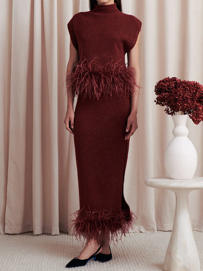 Feather Knitted Sleeveless Two Pieces Dress
