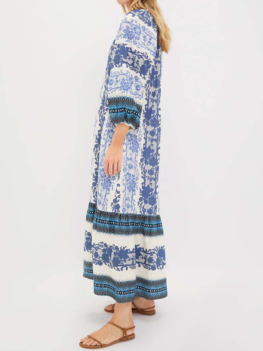 Split Neck Printed Long Slleve Maxi Dress