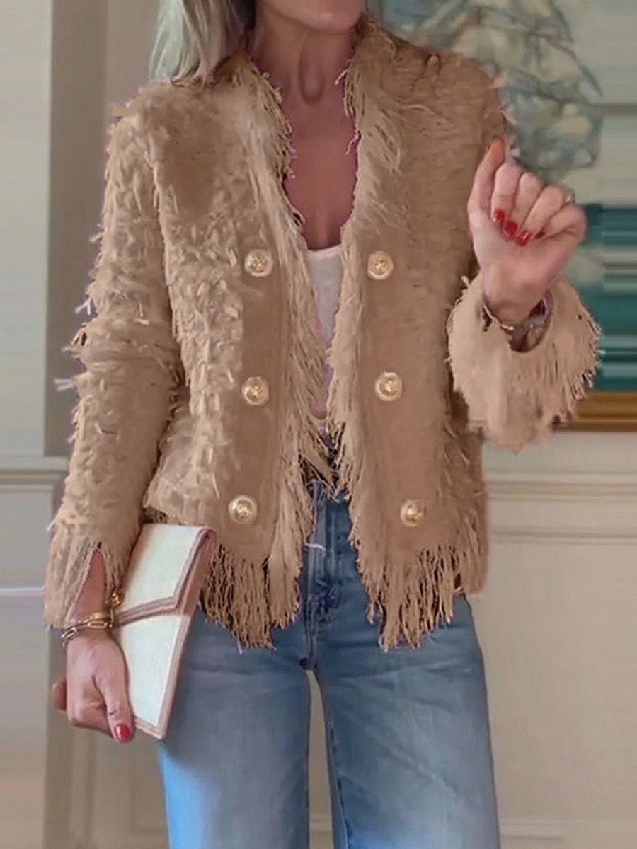Elegant Fringed Metal Button Cardigan Jacket