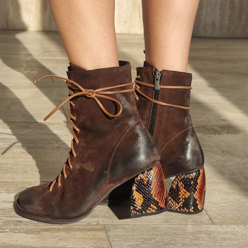 Square Heels Lace Up Ankle Boots