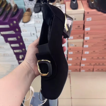 Square Toe Thick Heel Metal Decorative Shoes