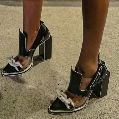Point-toe Chunky Heel Cut-out Heels