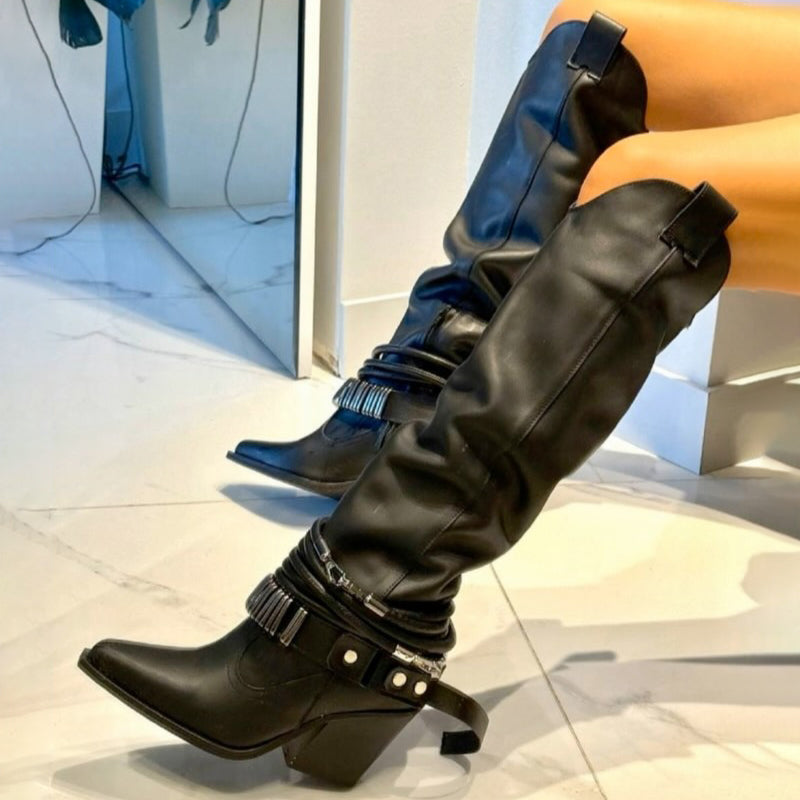 Buckle-Detail Point-Toe Chic Boots