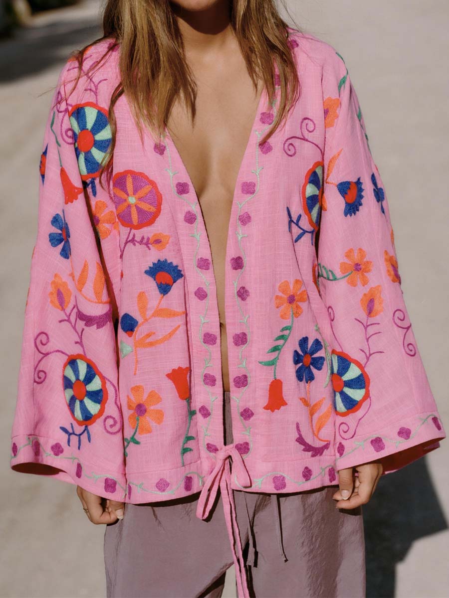 Embroidered Wide Long Sleeve Cardigan