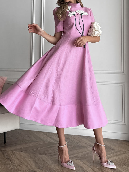 Stand Collar Flower Midi Dress
