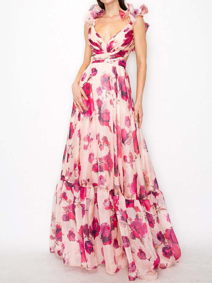 Printed Ruffled Sleeveless Lace-Up Dress