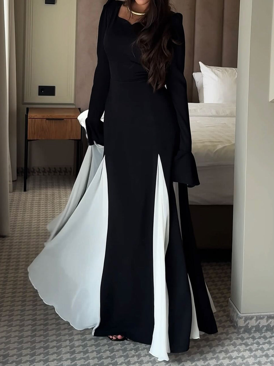 Elegant Patchwork Flared Sleeve Dress