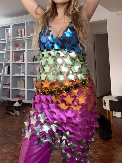 Multicolor Star Sequin Cutout Dress Top