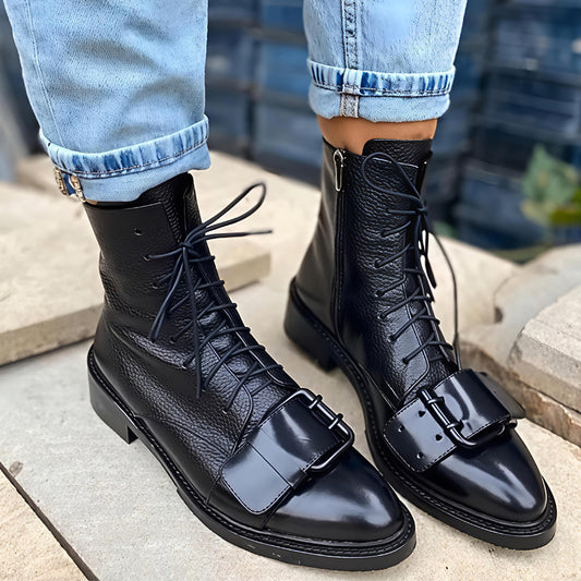 Point-Toe Buckle Lace-Up Flat Boots