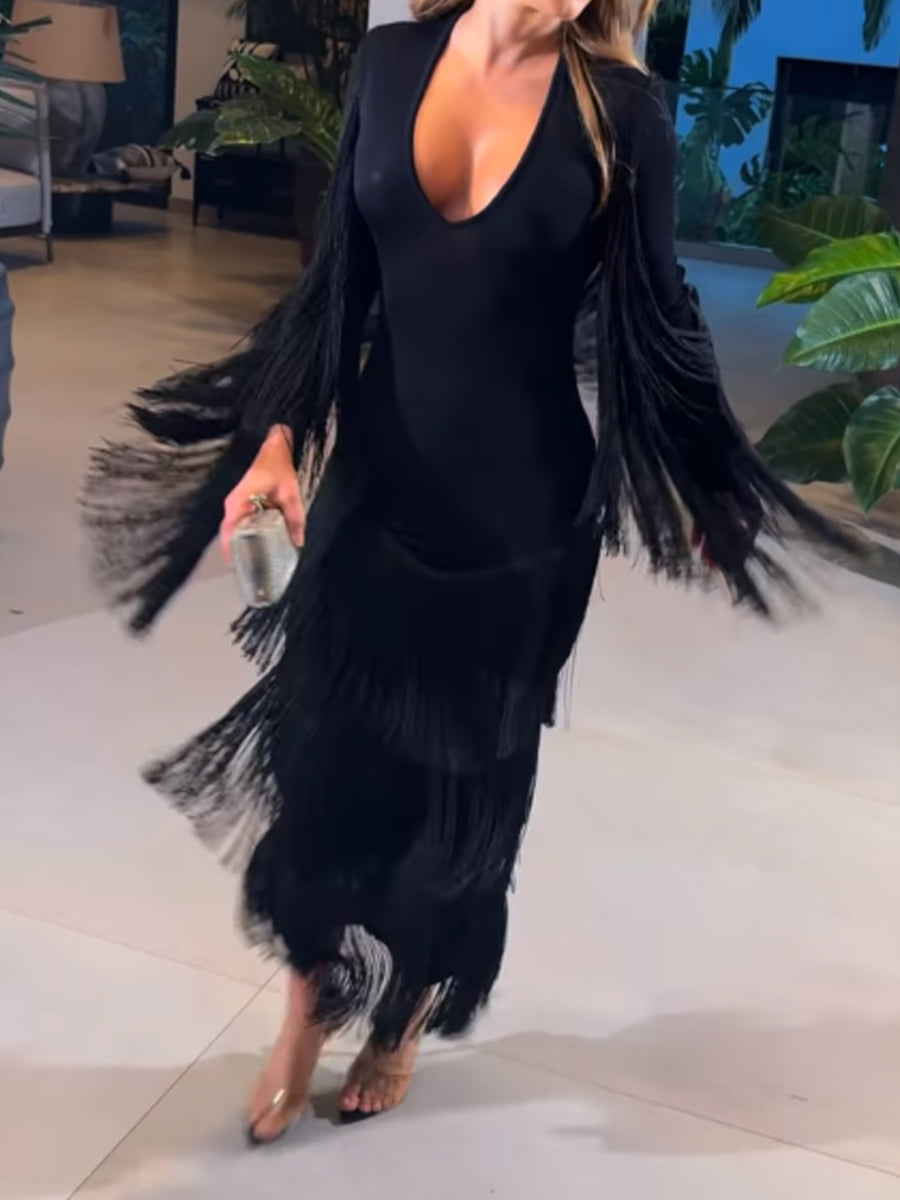 Deep V Neck Tassel Glitter Dress