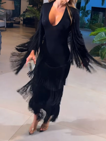 Deep V Neck Tassel Glitter Dress