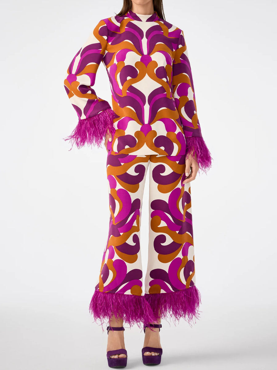 Feather Trim Printed Two Pieces Set