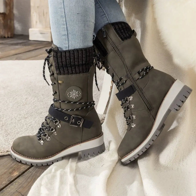Knit Cuff & Buckle Lace-Up Snow Boots