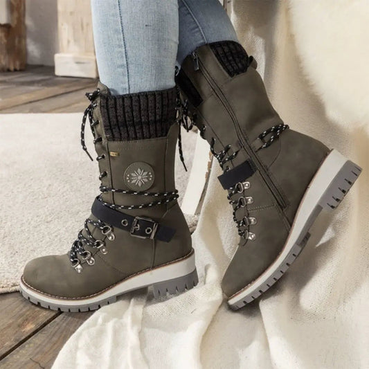 Knit Cuff & Buckle Lace-Up Snow Boots