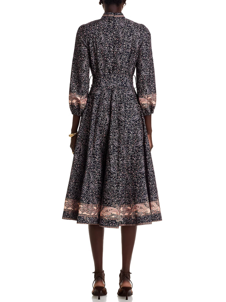 Floral Print Mandarin Collar Midi Dress