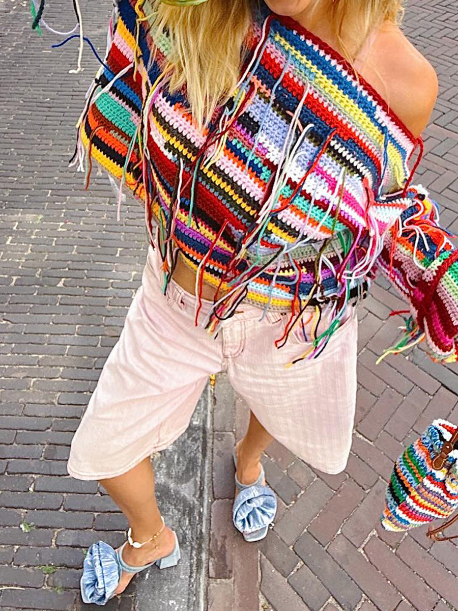 Skew Neck Fringed Multicolor Knit Sweater