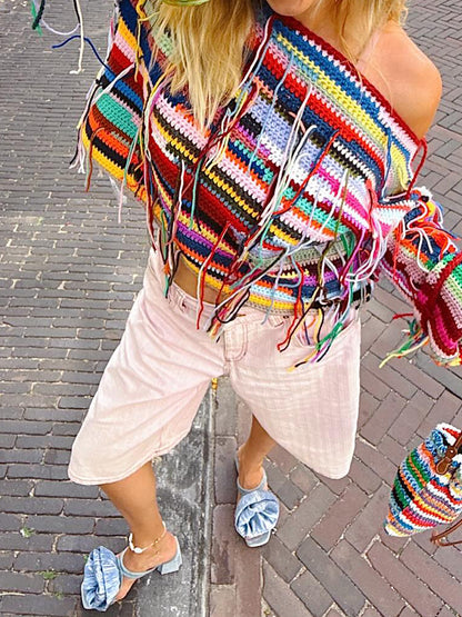 Skew Neck Fringed Multicolor Knit Sweater