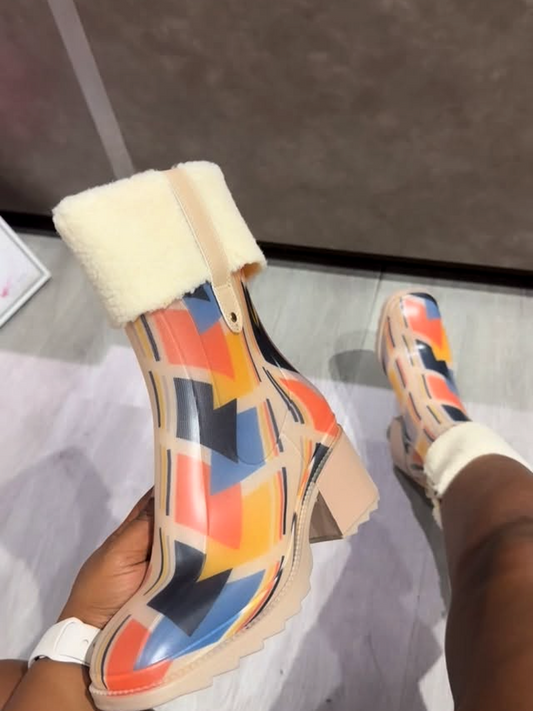 Square-Toe Coarse-Heeled Multicolor Velvet Boots