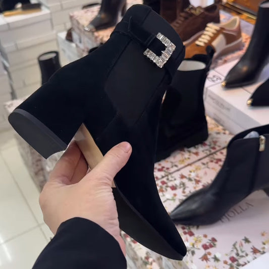 Rhinestone Sparkle Crowded-Heeled Square-Toe Boots