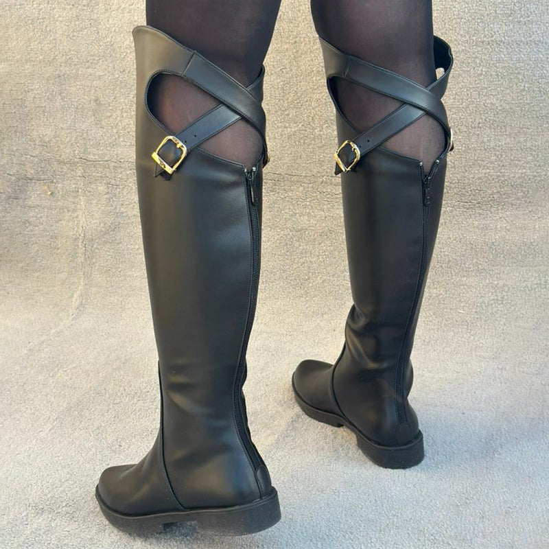 Hollowed Out Cross-Buckle Boots
