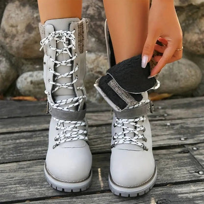 Knit Cuff & Buckle Lace-Up Snow Boots