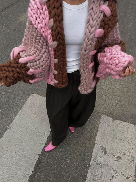 Asymmetrical Color Block Knit Balloon Sleeves Jacket