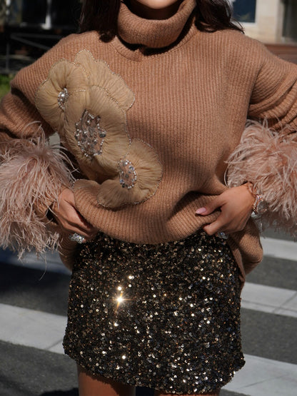 Turtleneck Sequined Feather Cuff Sweater