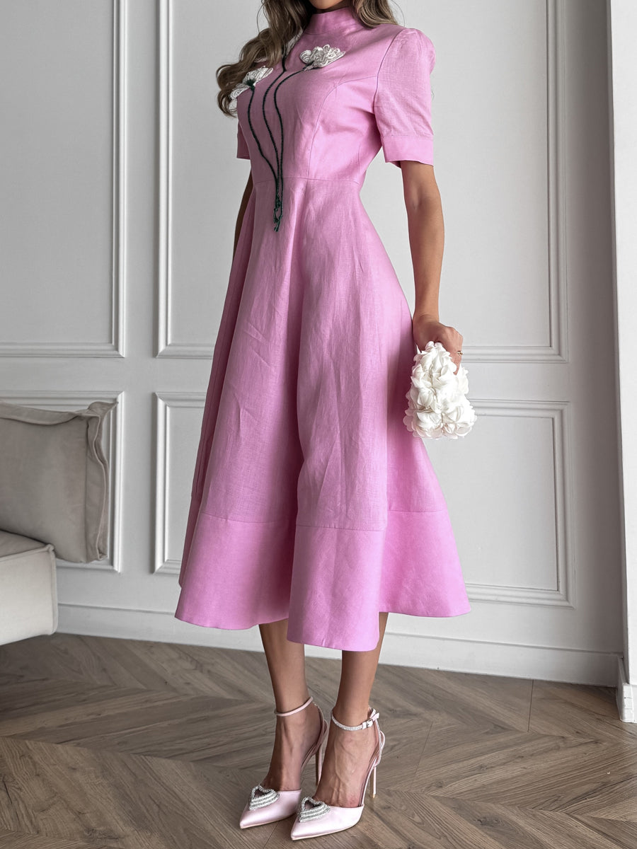 Stand Collar Flower Midi Dress