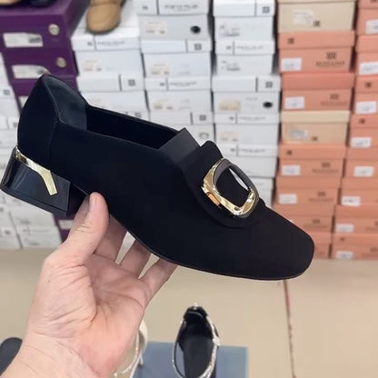 Square Toe Thick Heel Metal Decorative Shoes