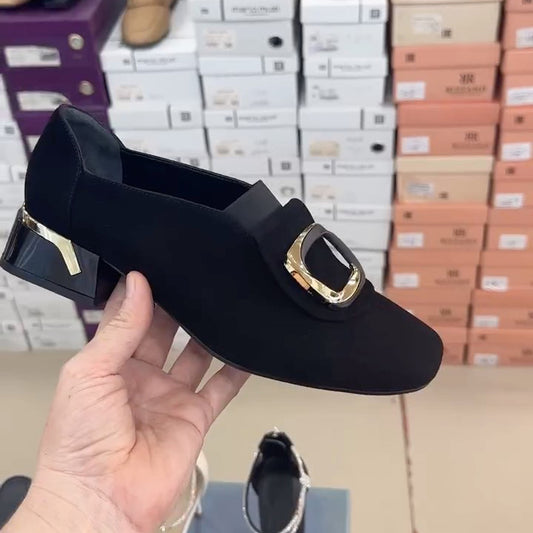 Square Toe Thick Heel Metal Decorative Shoes