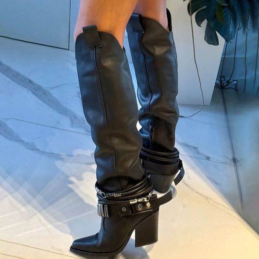 Buckle-Detail Point-Toe Chic Boots