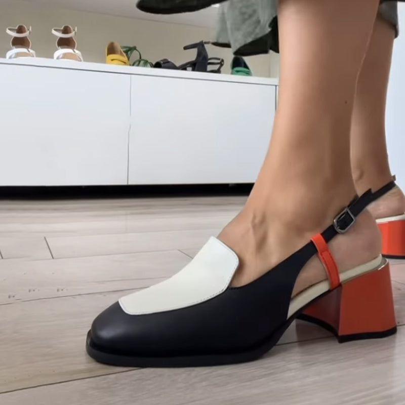 Open Tape Contrast Heeled Casual Leather Shoes