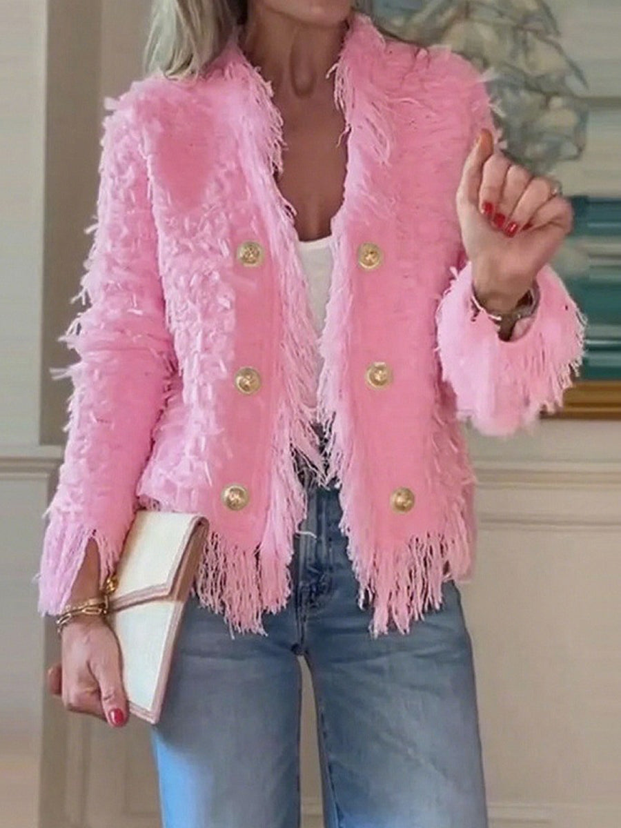 Elegant Fringed Metal Button Cardigan Jacket