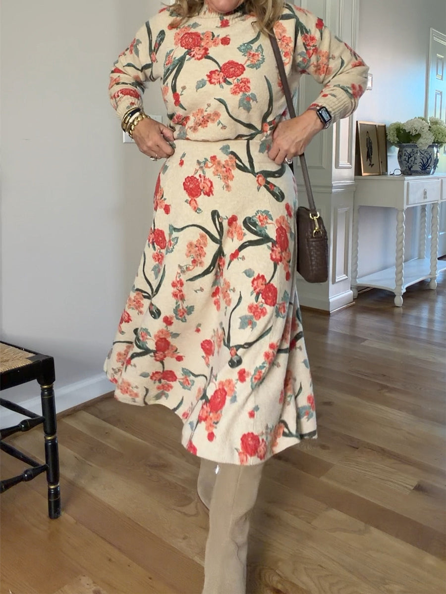 Floral Print Knitted Two Pieces Dress