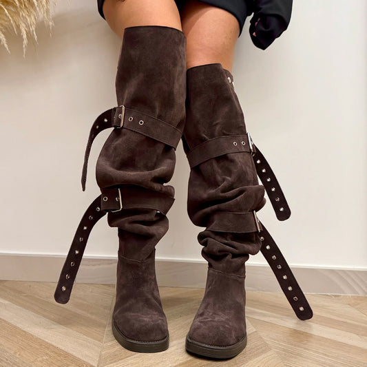 Suede Fleece Buckle Detail Over-the-Knee Boots