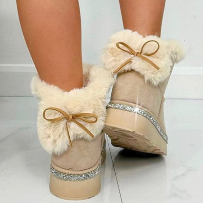 Crystal Trim Plush Faux Fur Slip-on Boots